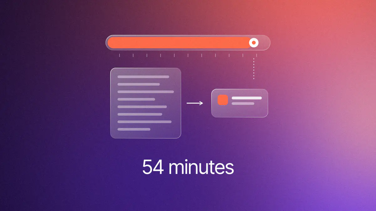 A one-hour timer bar lit to 90 percent, above a long conversation shrinking into a short summary, titled 54 minutes