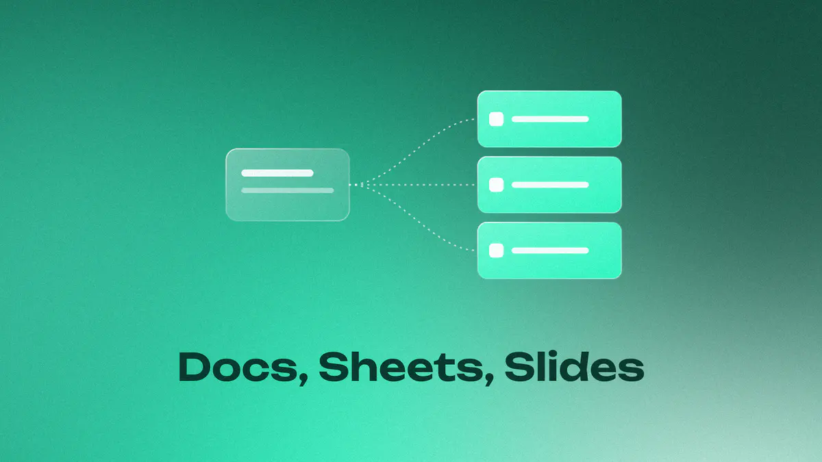 One glass card wired to three lit app cards on a mint gradient, titled Docs, Sheets, Slides