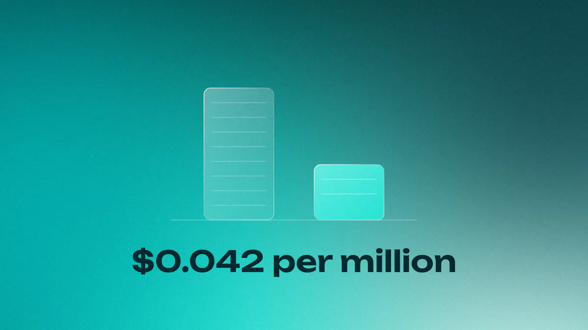 A glass bar and a lit bar at the ratio $0.10 to $0.042 on a teal gradient, titled $0.042 per million