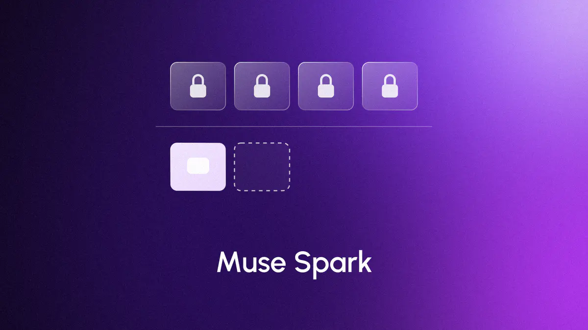Four locked glass chips above one lit open chip and a dashed planned chip on a violet gradient, titled Muse Spark