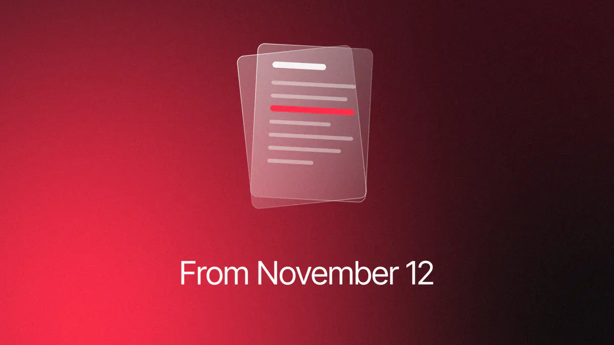 Stacked glass policy pages with one rule line lit on a red and black gradient, titled From November 12