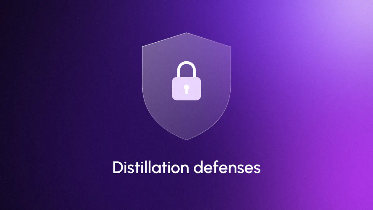 A glass shield with a lock on a violet gradient, titled Distillation defenses