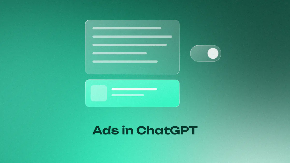 A glass chat answer with a separate lit sponsored card below it and a toggle beside, on a mint gradient, titled Ads in ChatGPT