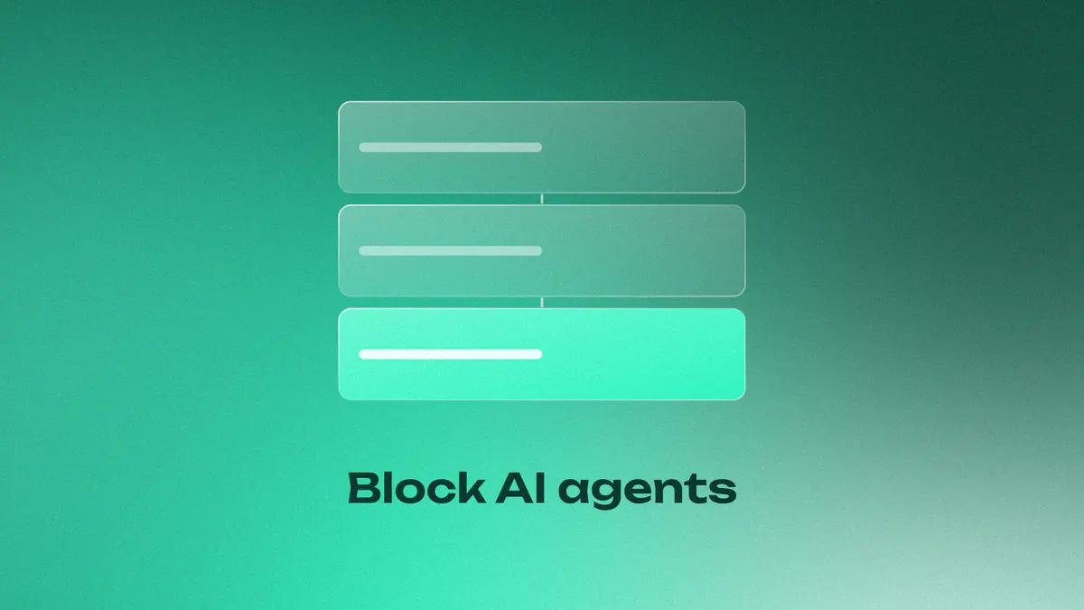 Three stacked glass layers with the bottom one lit on a mint gradient, titled Block AI agents