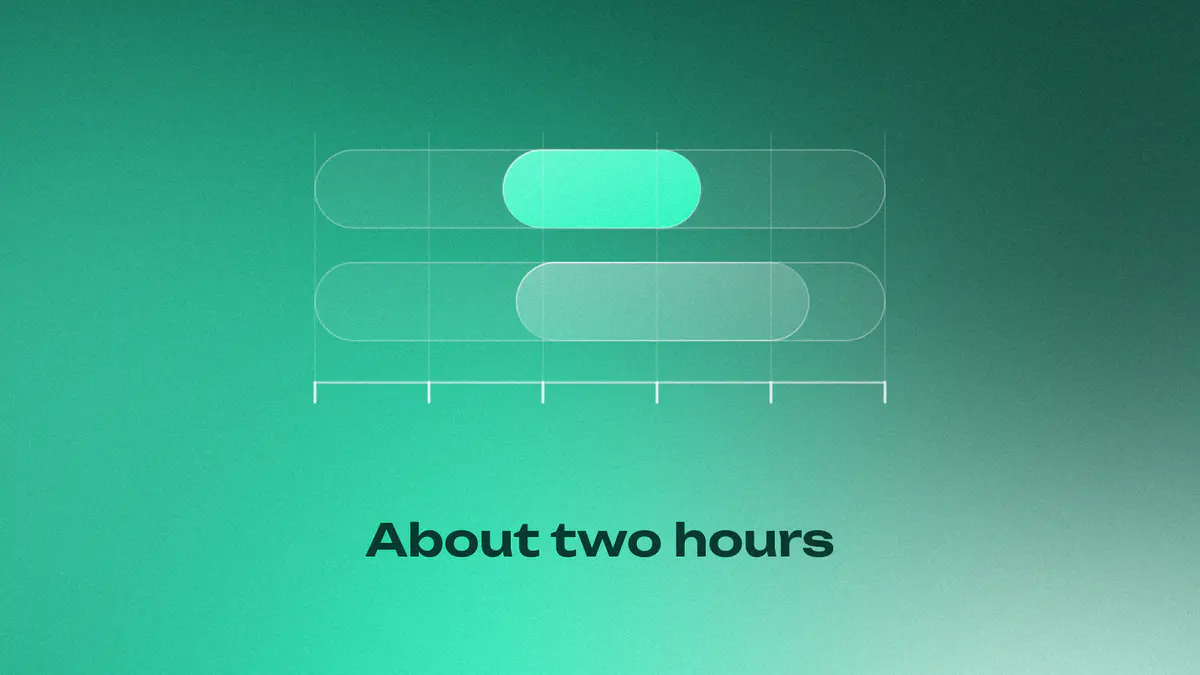 Two glass time bars on a five-hour axis, the lit PyPI window shorter than the Docker Hub window, on a mint gradient, titled About two hours