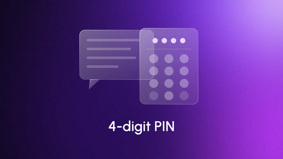 A glass PIN pad with four lit dots in front of a chat bubble whose text is faded, on a violet gradient, titled 4-digit PIN