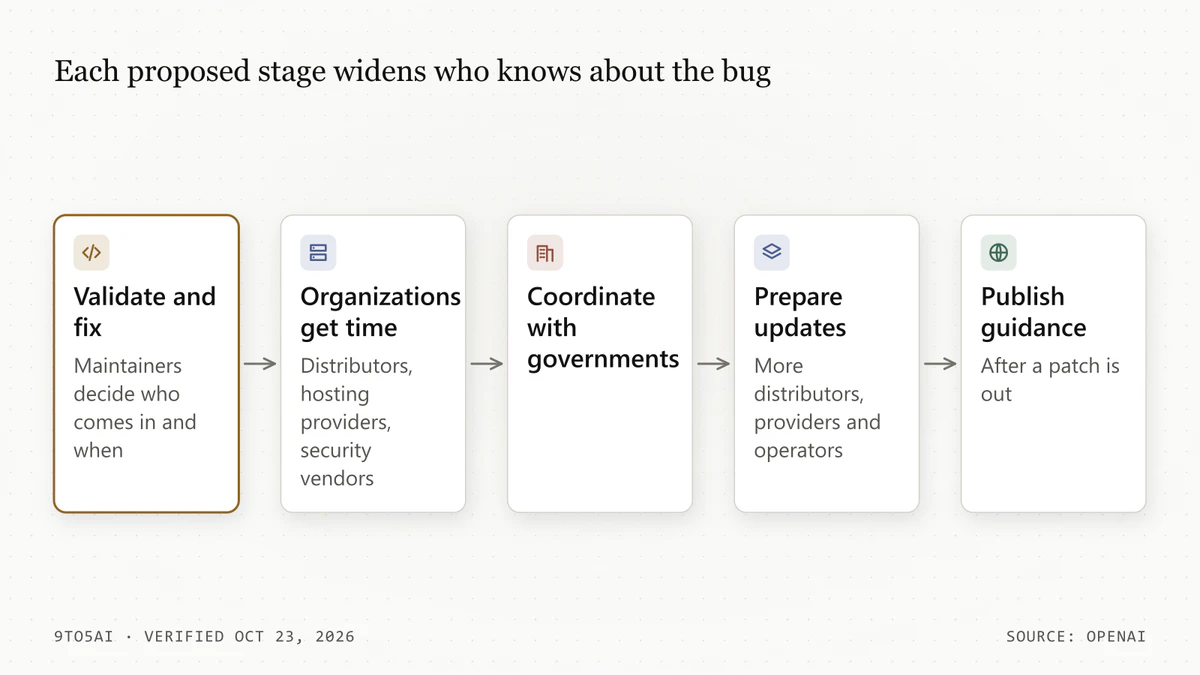 Diagram: OpenAI's five disclosure stages, from maintainers fixing the bug through early notice, government, wider preparation and public guidance
