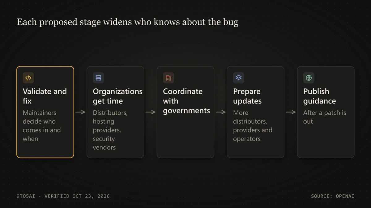 Diagram: OpenAI's five disclosure stages, from maintainers fixing the bug through early notice, government, wider preparation and public guidance
