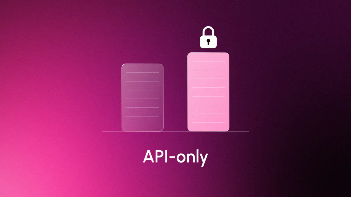 A glass bar beside a slightly taller lit bar topped by a padlock, at true scale on a fuchsia gradient, titled API-only