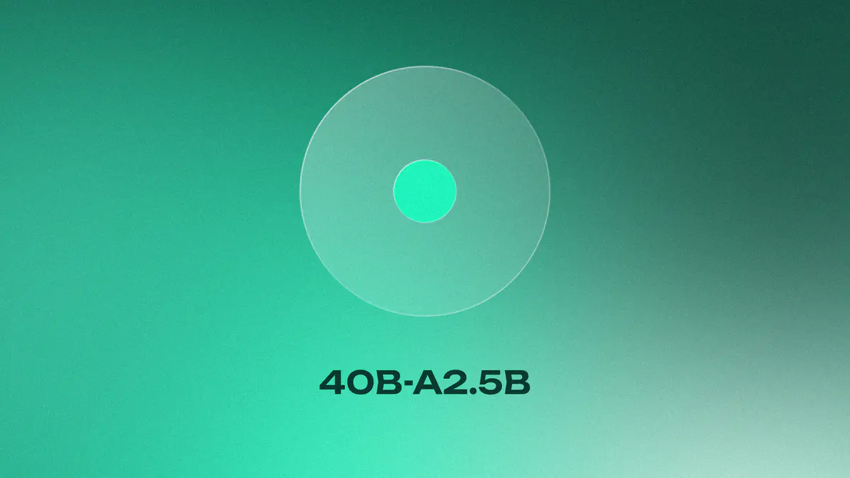A large glass circle with a small lit circle at its centre at true area for active parameters, on a mint gradient, titled 40B-A2.5B