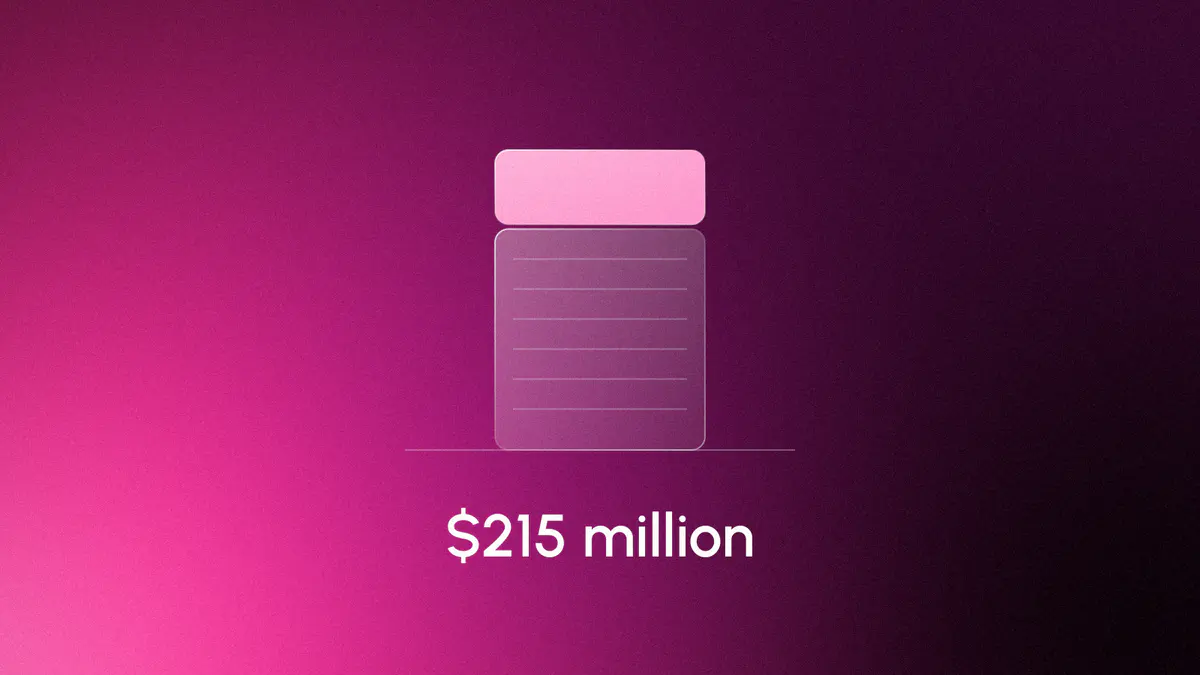One tall glass column for an $865 million valuation whose top quarter, $215 million, is lit, on a fuchsia gradient, titled $215 million
