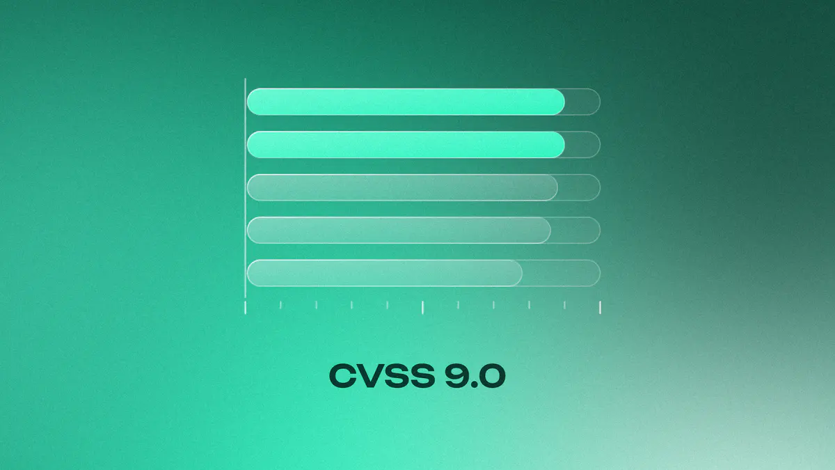 Five horizontal glass bars on a 0 to 10 scale, the two 9.0 bars lit, then 8.8, 8.6 and 7.8, on a mint gradient, titled CVSS 9.0