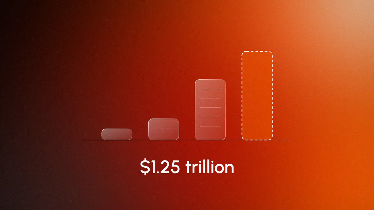Three glass bars for OpenAI's $157 billion, $300 billion and $852 billion valuations and a lit dashed bar for reported $1.25 trillion talks, on orange