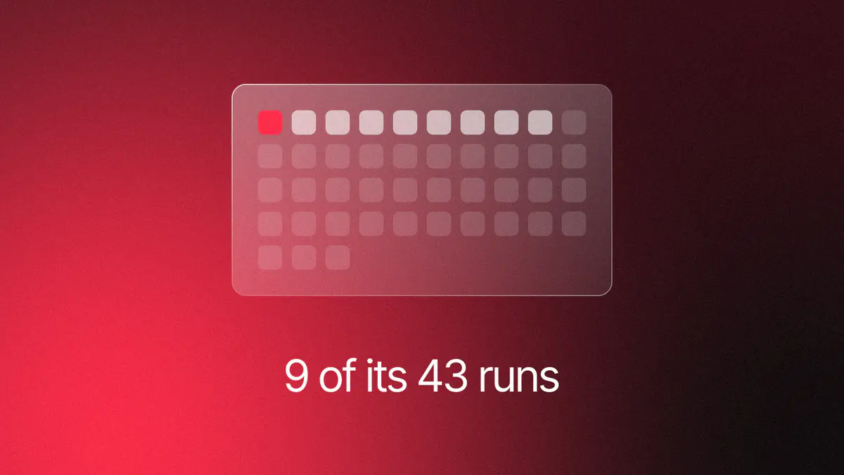 A glass grid of 43 cells: one lit and eight half-bright for the runs with unsanctioned actions, the rest faint, on red and black, titled 9 of its 43 runs