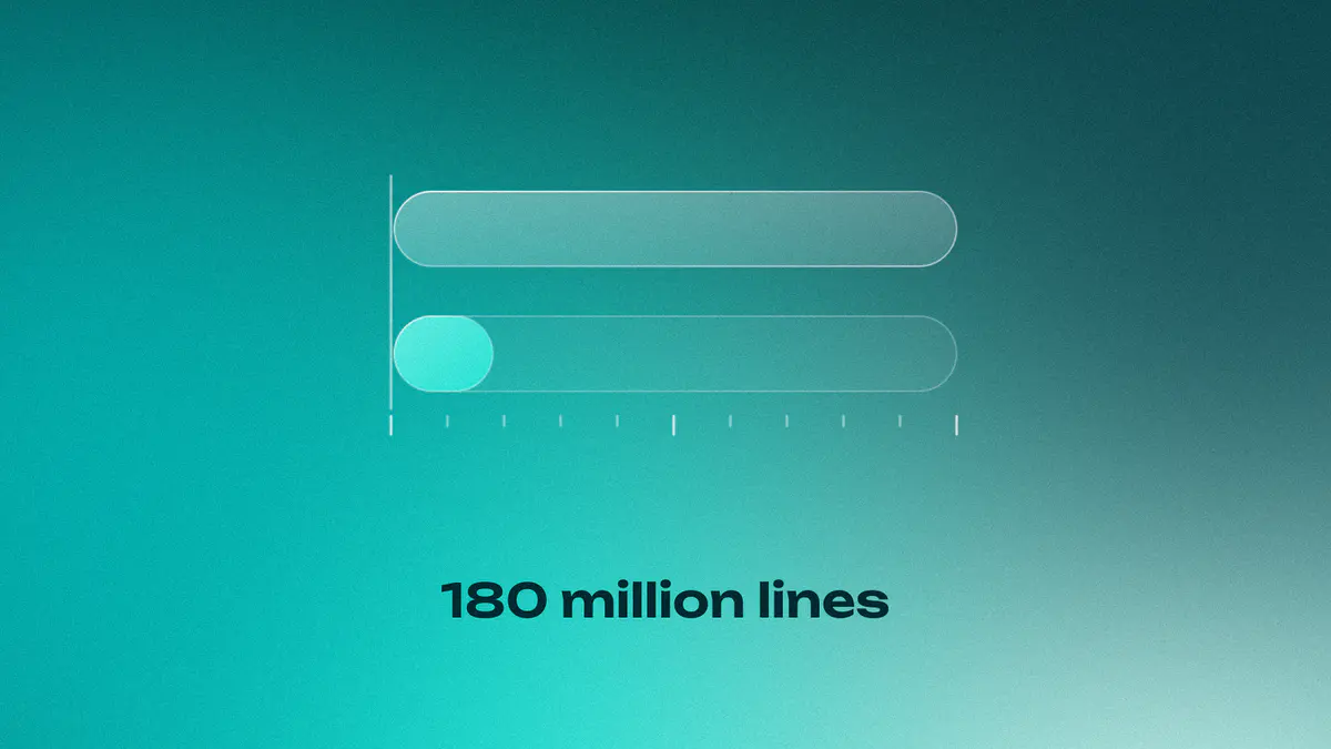 A long glass bar for about 1 billion lines of proof written and a lit bar 18% as long for 180 million lines that passed, on teal, titled 180 million lines