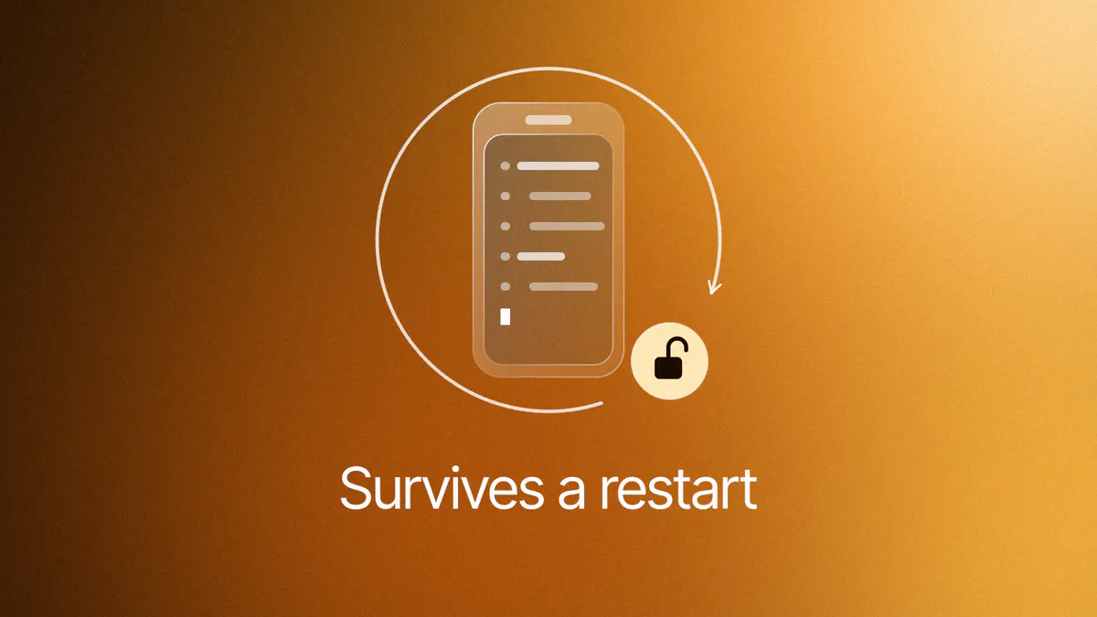 A glass phone showing a root shell inside a circular restart arrow, with a lit open padlock in the arrow's gap, on amber, titled Survives a restart