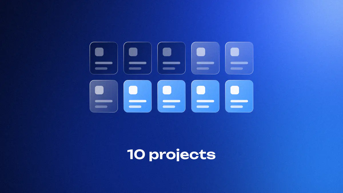 Ten glass tiles: three dark for the founding projects, three clear and four lit for the new ones, on a cobalt gradient, titled 10 projects