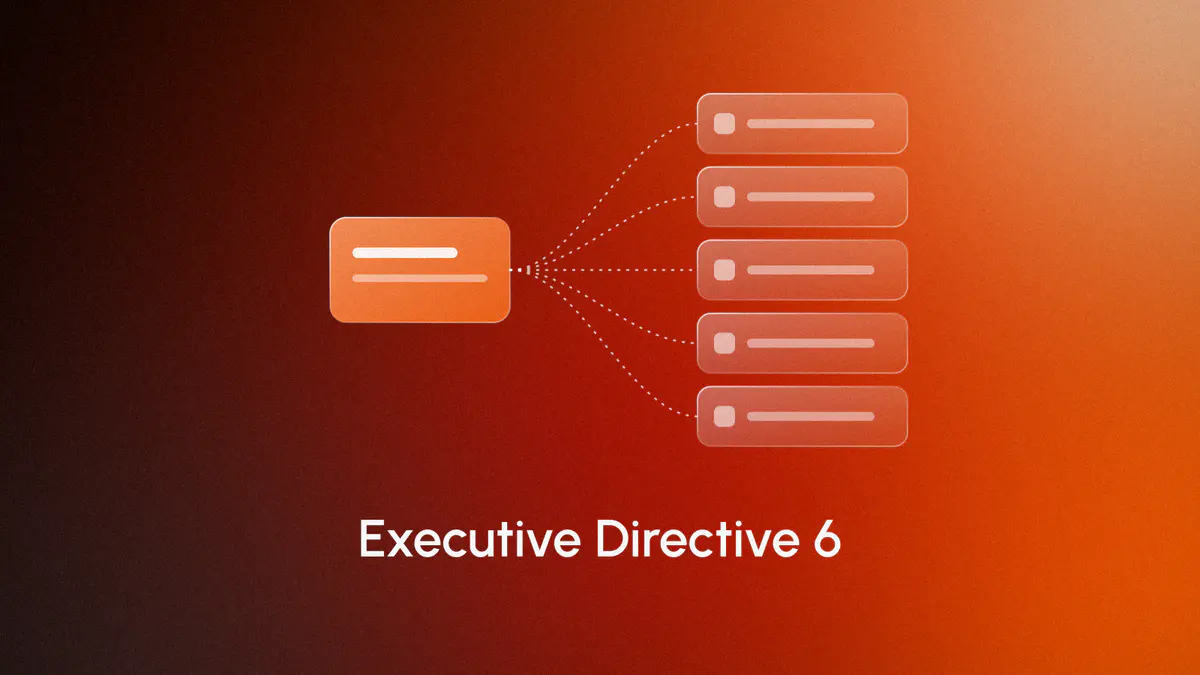 A lit directive card fanning out along dashed lines to five glass cards, one per order, on an orange gradient, titled Executive Directive 6