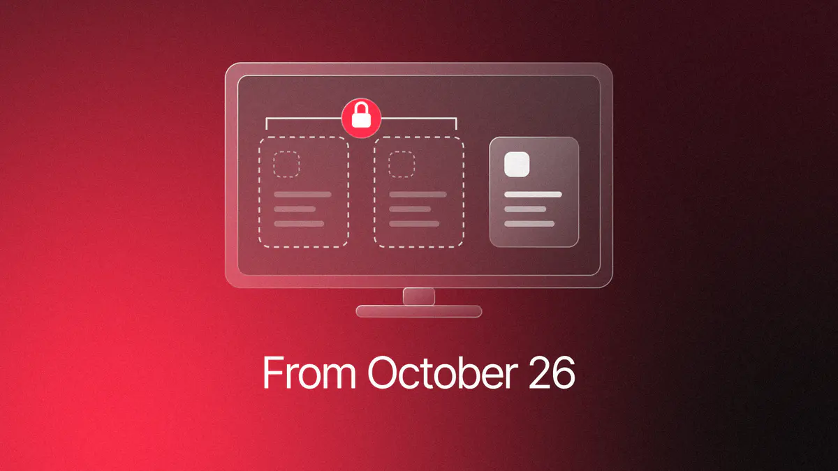 A glass monitor with two dashed app tiles under a lit lock and one solid tile beside them, on red and black, titled From October 26