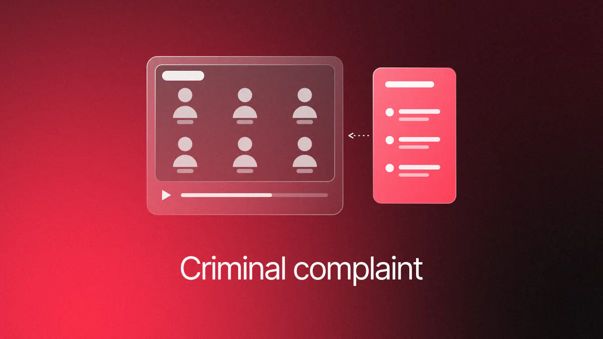 A glass video frame with six blank figures and an AI label chip, and a lit complaint page with three rows aimed at it, on red, titled Criminal complaint