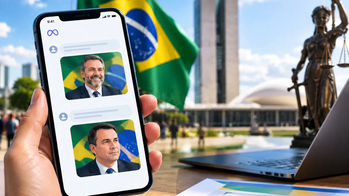 Smartphone displaying AI-generated political images beside a Brazilian flag and electronic voting machine.