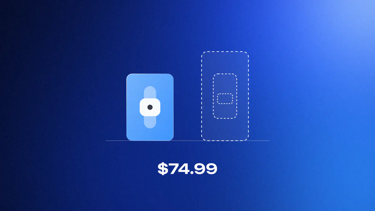 A lit glass bar holding a wristband for the $74.99 Bee Frontier beside a taller dashed bar holding a phone for the $99.99 Bee Eclipse, on cobalt
