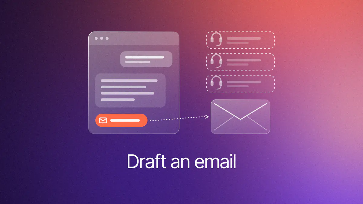A chat window whose lit offer button sends a dashed path past three empty support-desk tiles to an envelope, on coral, titled Draft an email