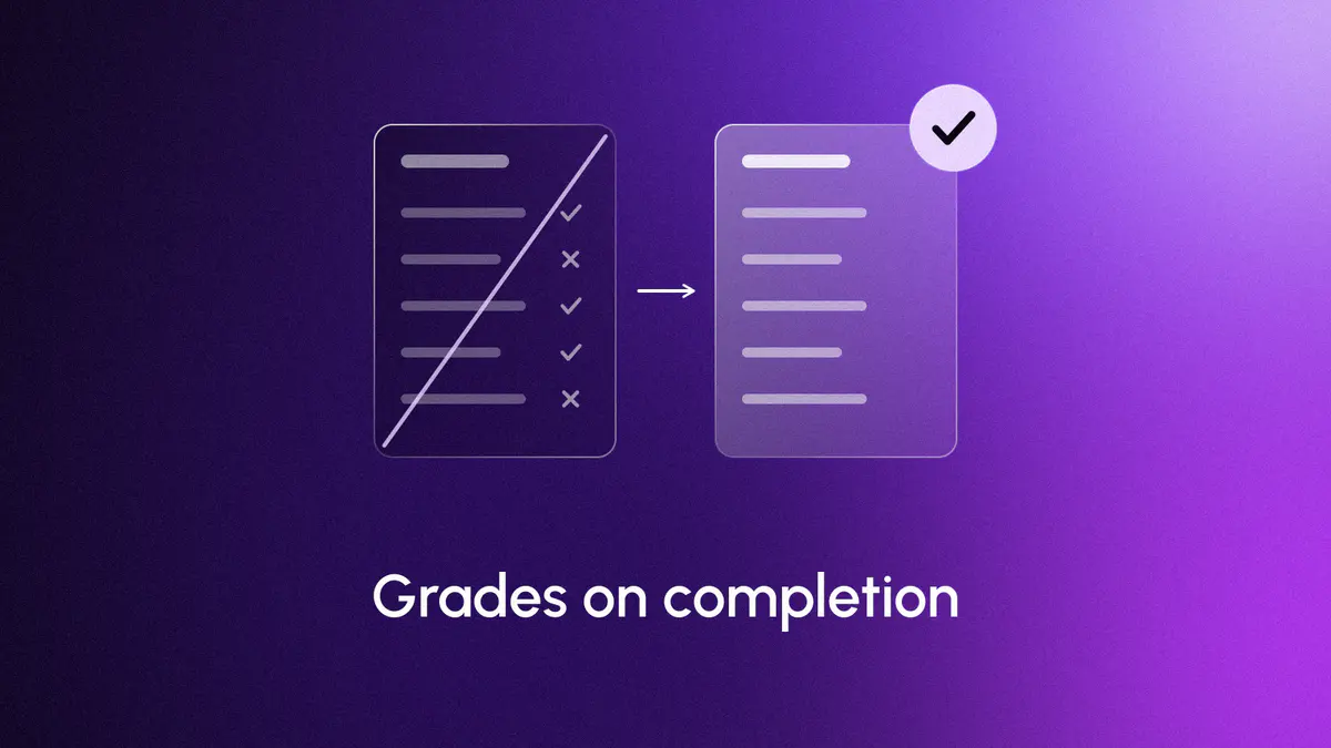 A homework page of ticks and crosses struck through, then the same page with one lit check for handing it in, on violet, titled Grades on completion