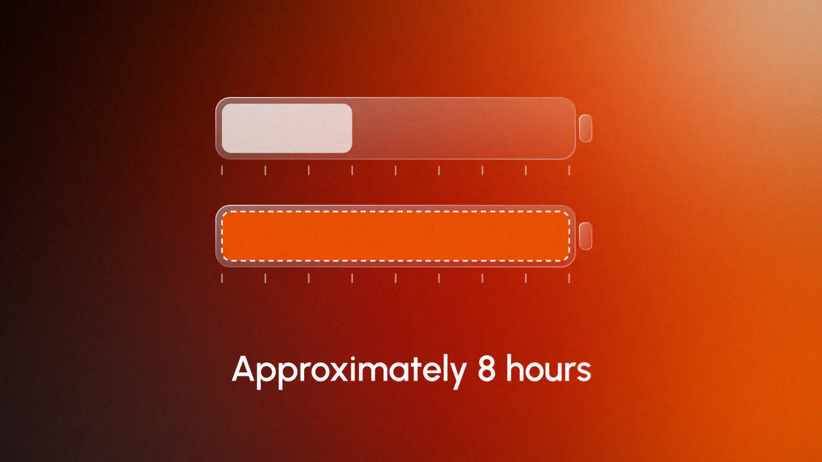 Two battery-shaped bars on an hour scale: about 3 hours for the Unitree H2 and a lit, dashed-edged 8 hours claimed for the H2-X, on orange