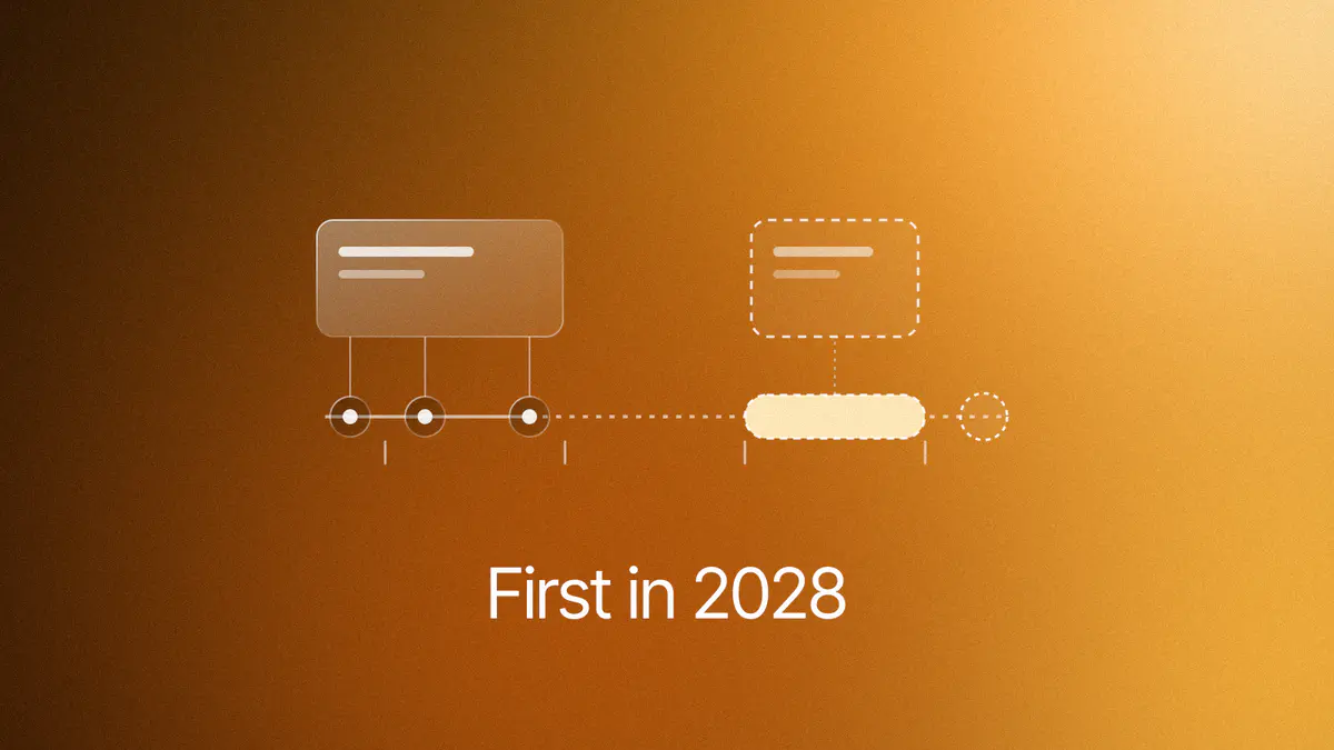 A dated road from GM's October 2025 eyes-off announcement through 2026 to a lit 2028 band for the Escalade IQ, then an undated dashed dot, on amber