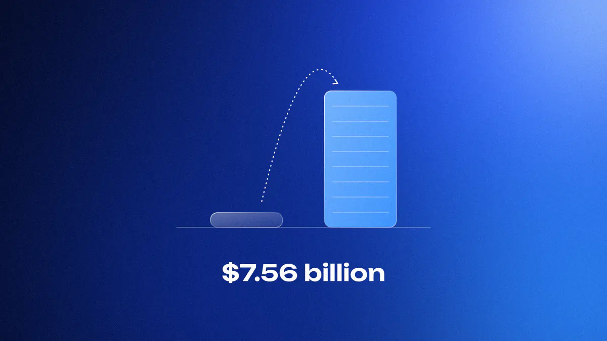 A short glass bar for $813 million beside a lit bar for $7.56 billion, SpaceX's quarterly AI revenue a year apart, on fuchsia, titled $7.56 billion