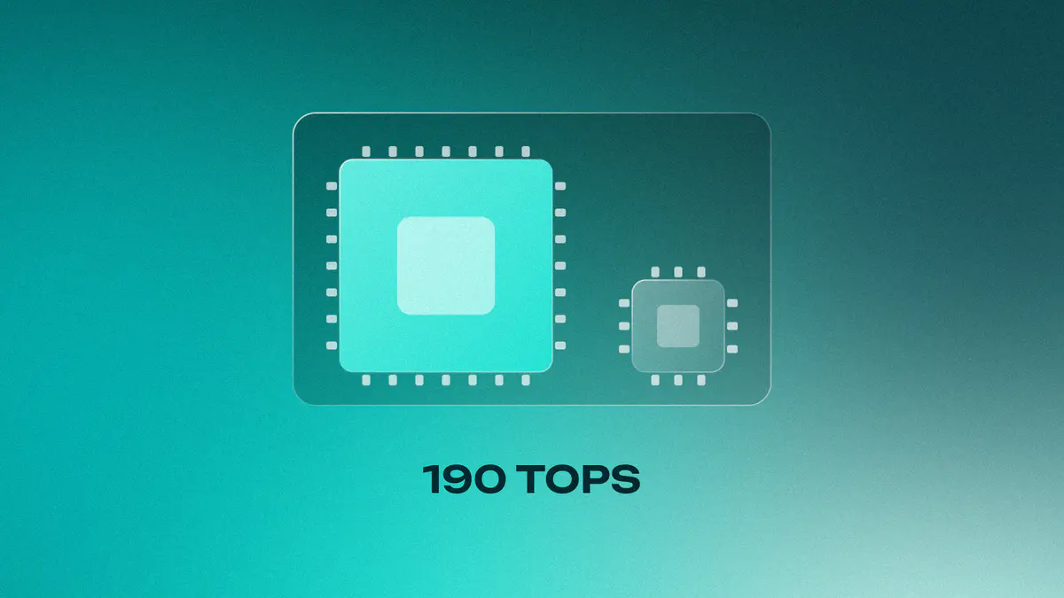 Two glass chips on a dark board, areas at true scale for 160 TOPS (lit) and 30 TOPS, the Lenovo AI Host P7's reported total, on teal, titled 190 TOPS