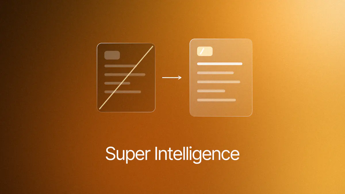 An old item struck through and a lit new one on amber: the federal switch from Artificial Intelligence to Super Intelligence, titled Super Intelligence
