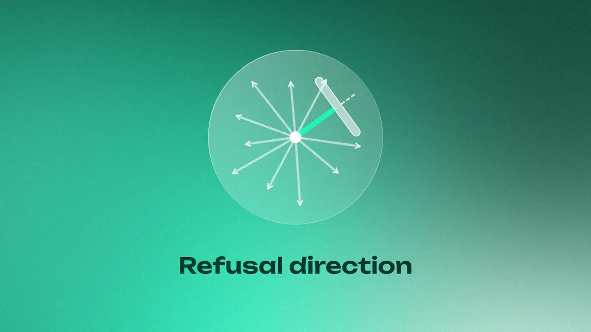 Many glass arrows from one centre inside a sphere on mint; one lit arrow is cut by a glass slice, for removing a model's refusal direction
