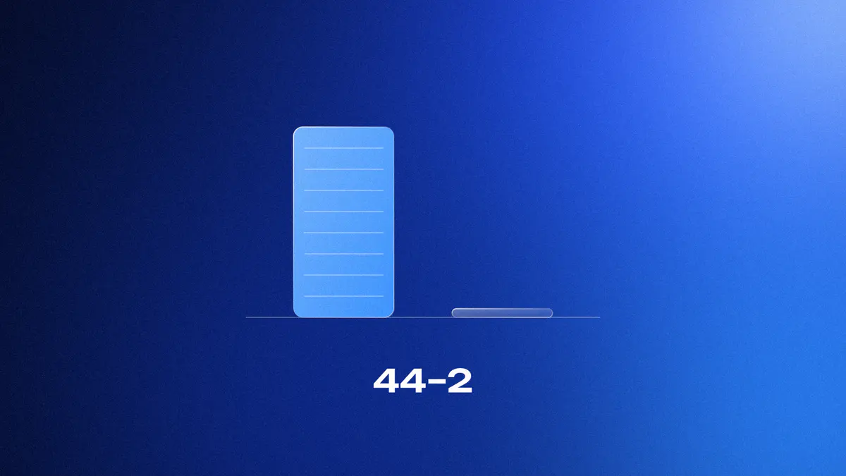 A tall lit bar for 44 votes beside a sliver for 2, Wikipedia editors' vote on banning AI-generated article text, on cobalt, titled 44–2