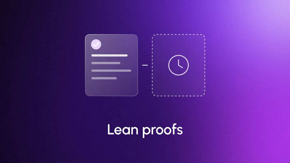 A solid checked panel beside a dashed empty one on violet: two math claims published with Lean proofs, one result not released, titled Lean proofs
