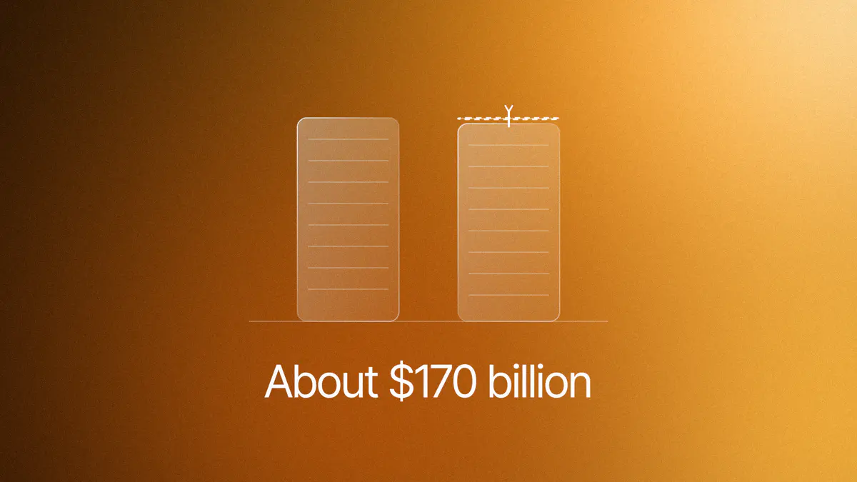 Two bars on amber, about $175 billion then about $170 billion with a lit ghost of the trimmed part: Microsoft's 2026 capex view, titled About $170 billion