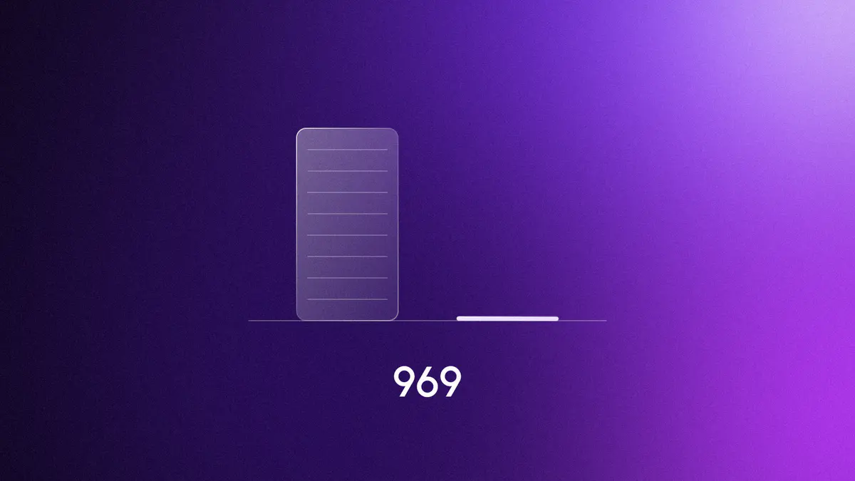 A tall glass bar for 47,571 Stack Overflow questions in January 2024 beside a lit sliver for 969 in September 2026, on violet, titled 969